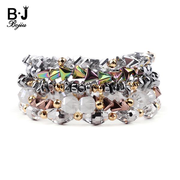 

bojiu 5 pcs/set multilayer trendy women bracelets elastic silver gray white crystal silver gold hematite bracelet bcset218, Golden;silver