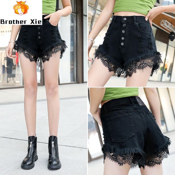 

plus size black shorts women denim shorts female 2020 summer new high waist lace holes loose-fit wide-leg short jean students, Blue