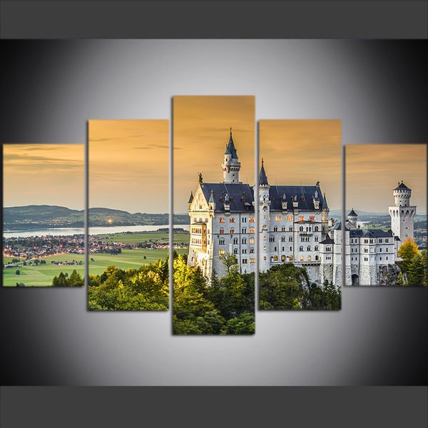 

5 piece large size canvas wall art pictures creative neuschwanstein castle, germany art print oil painting for living room decor