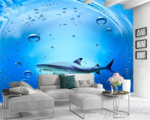 Carta da parati personalizzata con animali 3D Carta da parati murale in seta HD 3D con interni di uno squalo feroce