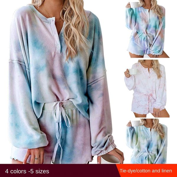 

2020 casual and comfortable clothes home furnishing clothing breathable home clothes long sleeve tie dyed pajamas two-piece set, Blue;red