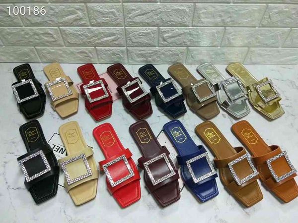 

new high-end brand summer ladies sandals imported cow leather flat women's diamonds slippers 34-42 yards ing, Black