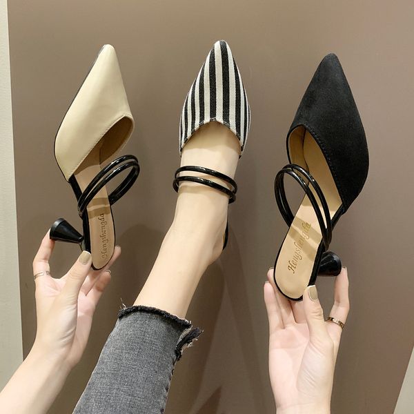 

shoes cross-tied slippers heels square heel med cover toe slides slipers women flock high block soft 2020 basic narrow band pu, Black