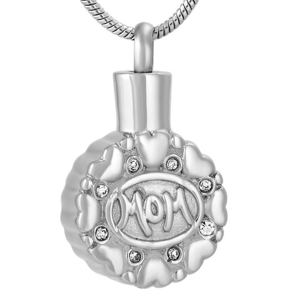 

ijd9647 mom inlay crystal round stainless steel cremation souvenir pendant for ashes urn small keepsake necklace jewelry, Silver