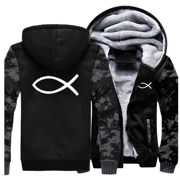 

2019 men fashion jesus fish double-sided printed raglan hooded hoodie plus velvet thick sweatshirt autumn winter hip hop clothes, Black