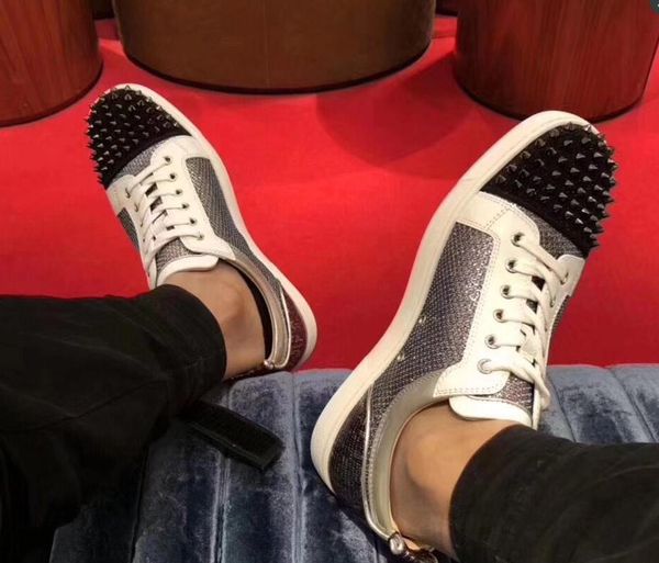 

designer men's flat trainer junior spikes orlato shoes red bottom sneaker lace-up crystal spiked glitter leather party wedding shoes us, Black