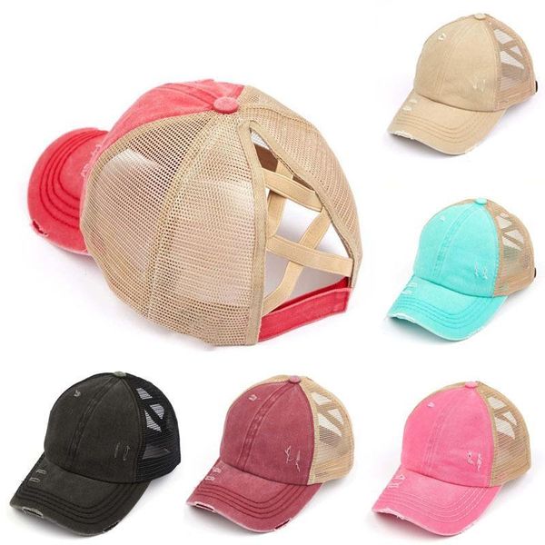 

woman ponytail baseball cap washed distressed cotton denim hat messy high bun adjustable mesh hat dda4, Blue;gray
