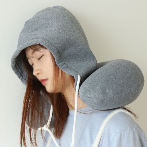 

adults travel microbeads drawstring hooded flight neck pillow solid with hat u-shaped cushion neck support portable