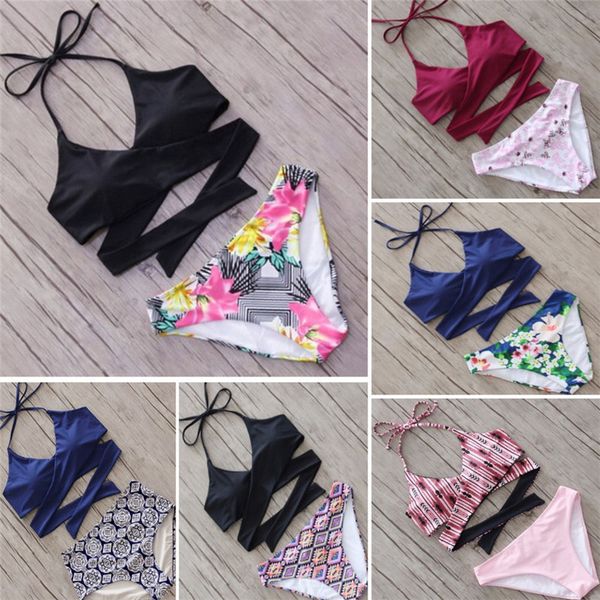 

2020 new women bikinis high neck push up bikini set geometry black swimwear female slim print swimsuit biquini brazilian beach