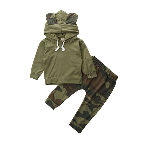 

newborn baby boy girls long sleeve camo t-shirt + pants outfit clothes, White