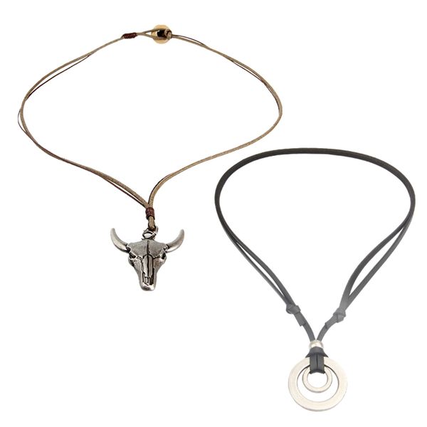 

vintage pu leather cord necklace with ring bull head pendant charm for men, Silver