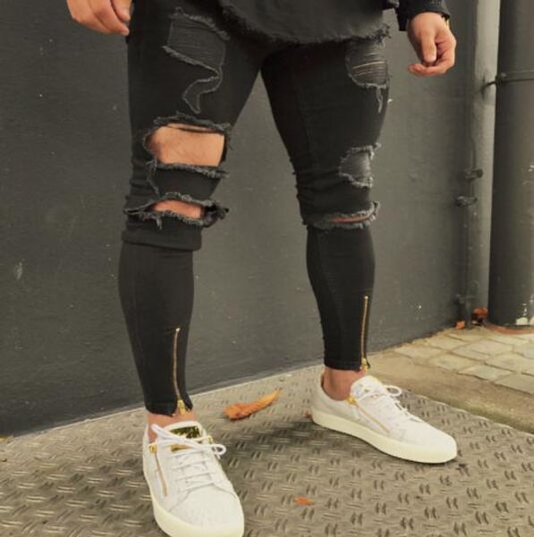 

2019 new black ripped jeans men with holes super skinny famous designer brand slim fit destroyed torn jean pants, Blue