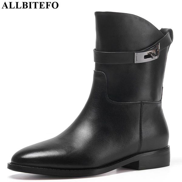 

allbitefo natural genuine leather buckle ankle boots comfortable fashion boots autumn winter women long low heel, Black