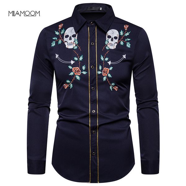 

miamoom men's fashionable shirt with printing cranial rose embroidery long sleeve shirt camisa masculina, White;black