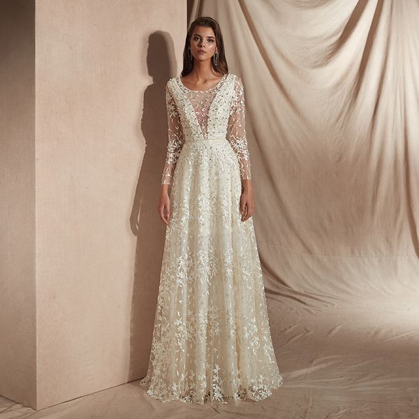 

длина me004 очаровательная scoop винтажные свадебные платья pearls бисероплетение кружева свадебное платье a-line этаж с длинным рукавом сва, White