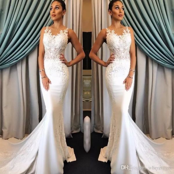 

elegant mermaid wedding dresses sheer jewel neck satin appliques sleeveless sweep train lace wedding dress custom made country bridal gowns, White