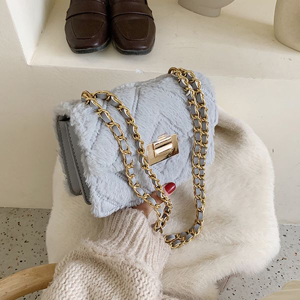 

fashion soft plush small square bag women's chain shoulder bags winter plush women messenger bags luxury leather lady flap 2019