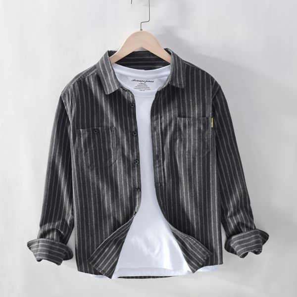 

2020 мужская с длинным рукавом полосатой рубашки с карманами темно-серый хлопок случайные рубашки мужчины японский винтаж рубашки мужчин, White;black