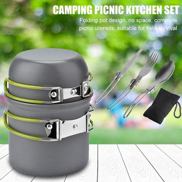 

portable aluminium alloy pot picnic outdoor friction-resistant and comfortable handle hiking cookware fork spoon knife set