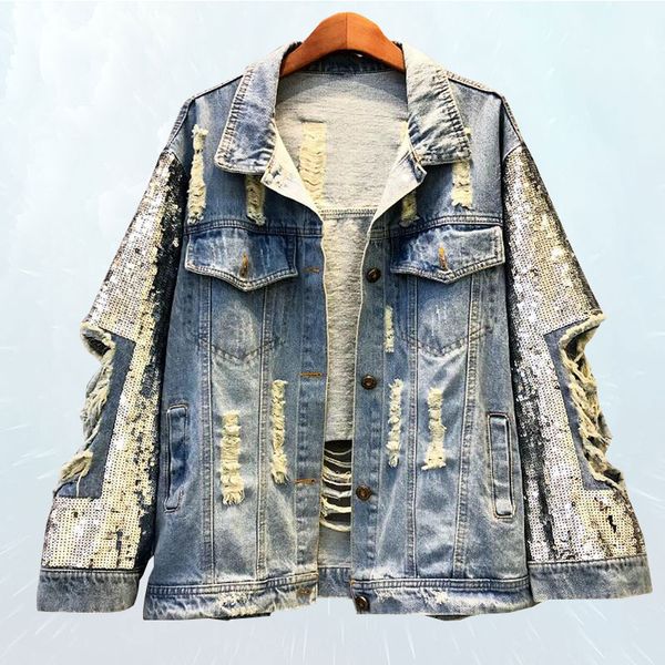

2019 handmade sequin jeans jackets female new hole denim jacket women plus size coat casual basics coat streetwear women sl077, Black;brown
