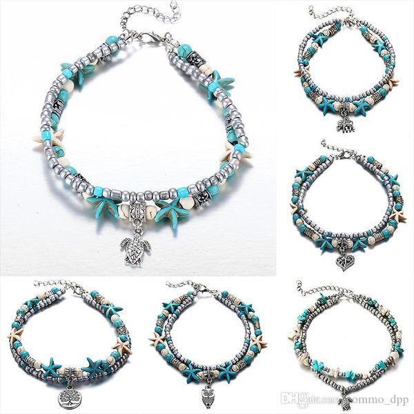 

new bohemian turquoise anklets bracelets retro elephant turtle starfish tree of life owl heart women beach foot chain for ladies jewelry, Red;blue