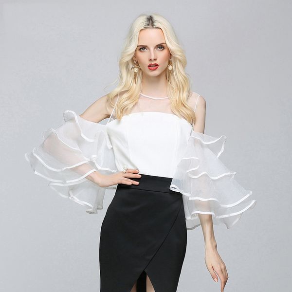 

темперамент одно слово универсальный воротник рубашки и утечки плеча сексуальный топ лета женщин шифоновая корейской ночное шоу знаменитости, White