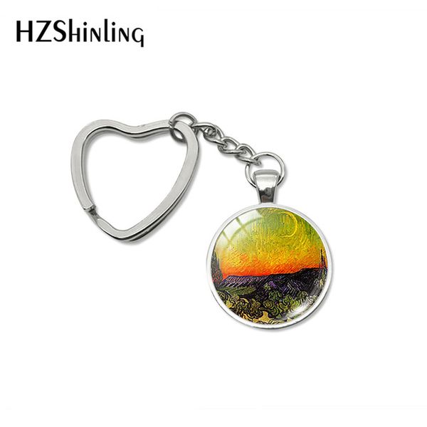 

vintage van gogh's oil paintings cabochon heart keychain starry night painting jewelry sunflower bag car holder accessories, Silver