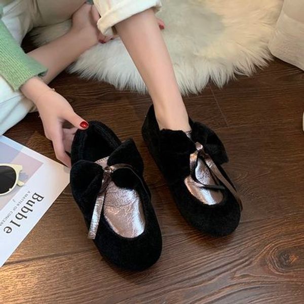

plush shoes female fashion net red 2019 new wild autumn and winter plus velvet bow beanie shoes, Black