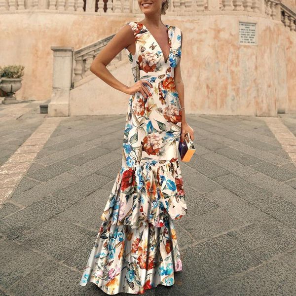 

women dresses elegant sleeveless v-neck long dress ruched ruffles print floral sleeveless sleeve slim long maxi dress, Black;gray