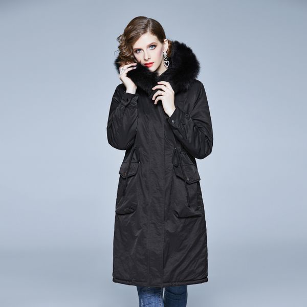 

шерсть воротник сгущает длинные женщины пальто зимы parka abrigos mujer invierno 2018 длинные рукава черный пальто casaco feminino k8569, Black