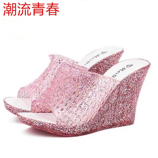 

breathable plastic slippers new 2019 summer jelly shoes paillette heel shoes women's slippers sequins plus size 36-40, Black