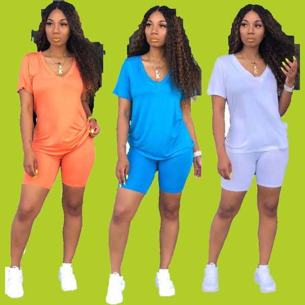 

simple sportswear vneck short sleeved regular tshirt with straight tight shorts solid color knitted 2piece set h6073 three color, White