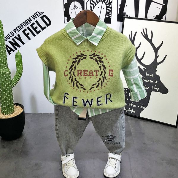 

2 3 4 5 6 years toddler boys clothing sets casual striped long sleeve shirt letter knit vest jeans 3pcs kids tracksuit 2020 new, White