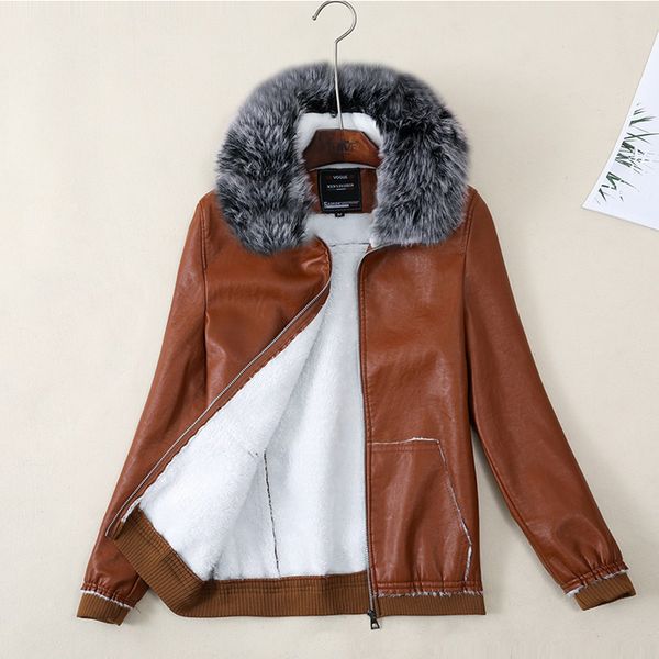 

women's leather & faux winter motorcyle coat women thicken outerwear female fur lining jacket casaco feminino, Black