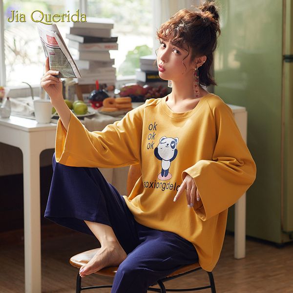 

pajamas women's autumn pure cotton fashion cartoon sweet leisure loose long sleeve pullover home clothing winter yellow pijamas, Black;red