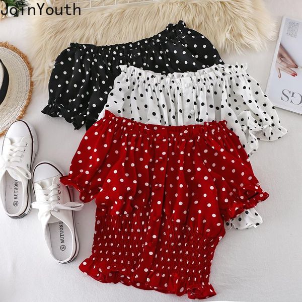 

joinyouth women shirts ruffles slash neck chiffon blouse korean new clothes puff sleeve polka dot short off shoulder blusas, White