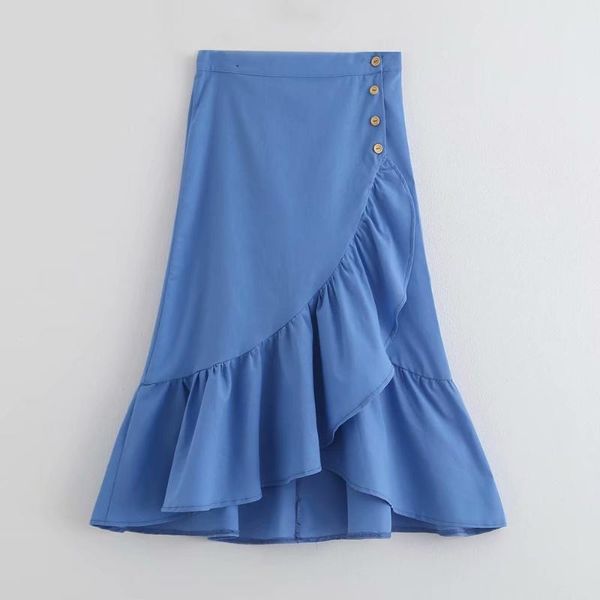 

skirts women office wear ruffles blue midi skirt buttons female casual summer stylish solid chic mid calf, Black