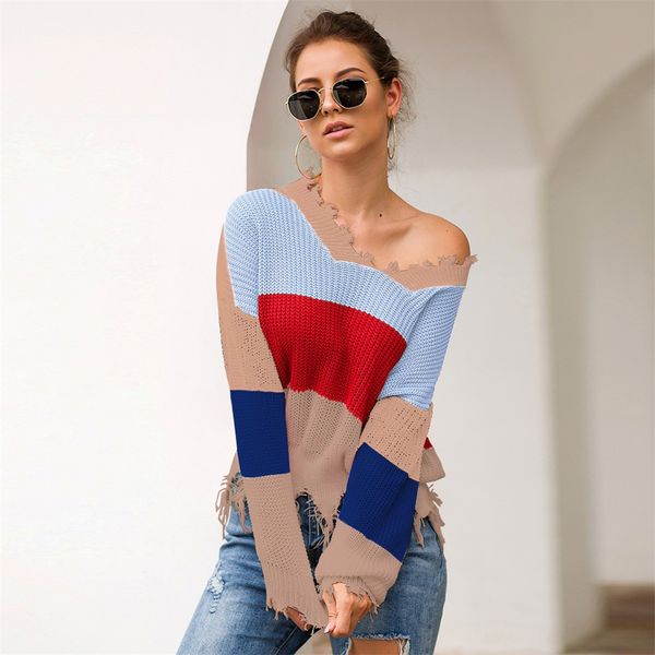 

pullover plus size women knitted patchwork tassel long sleeve v-neck sweater abrigos mujer invierno 2019 blusa de frio, White;black