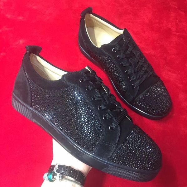 

2019 new arrival flat sneakers casual bottoms mens women red shoes black suede strass crystal flat shoes low roller boat