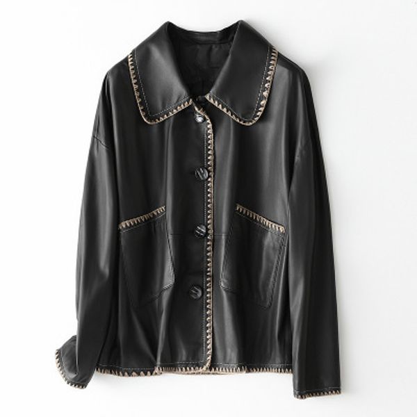 

2020 женская весенняя натуральная овечья кожаная куртка h15, Black