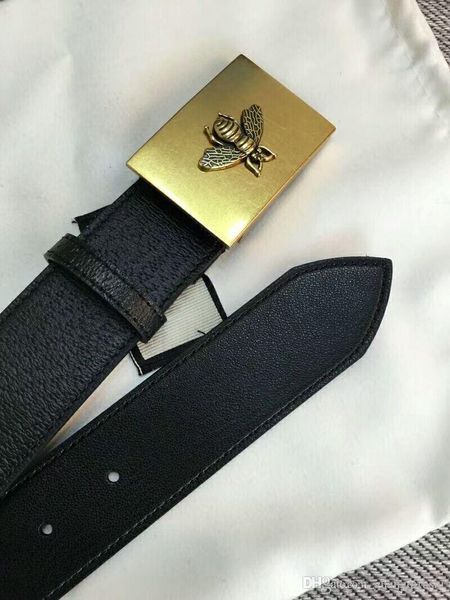 

gold square buckle bee pattern designer men's belts lychee strap genuine leather belt with box, Black;brown