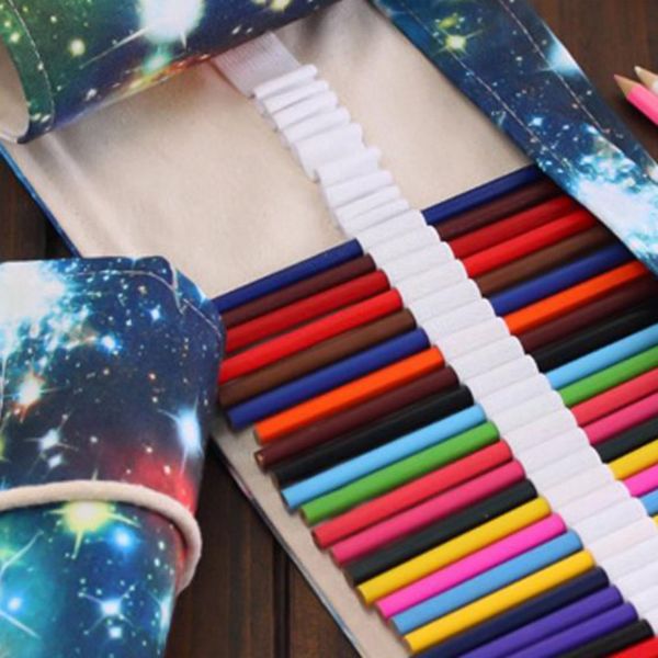 

36/48/72 hole galaxy of the universe painting pencil case stationery canvas pen roll up bag art curtain color pencils storage