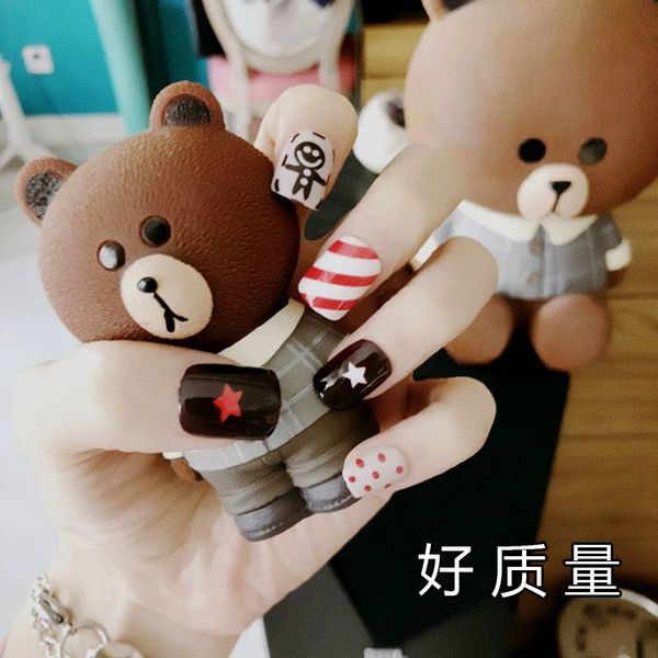 

new designed cute doll false finger artificial nails 24pcs short square stripe dots star finished ptherapy fake nails, Red;gold