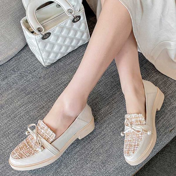 

patchwork gingham cloth pearl bowknot microfiber loafers woman slip on shallow moccasins shoes women british round toe flats2020, Black