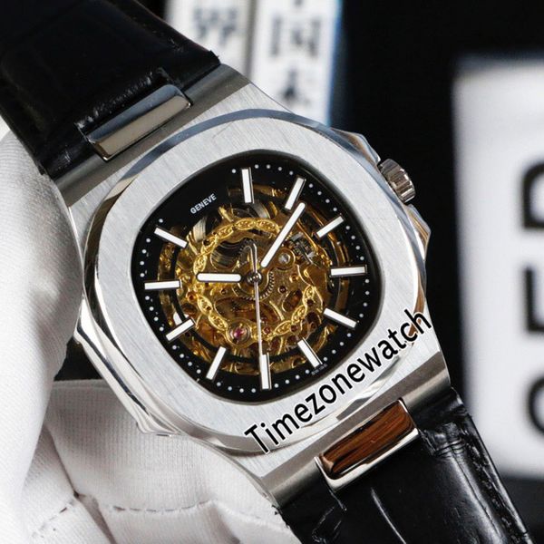 

new nautilus 5711 automatic mens watch steel case black inner gold skeleton dial stick markers black leather strap timezonewatch e113a1, Slivery;brown
