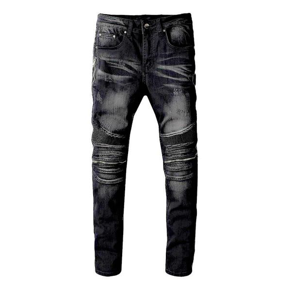 

mens desiger moto zipper jeans stitched leather tear tight jeans arn34 washed black locomotive pants elastic slim pants new, Blue