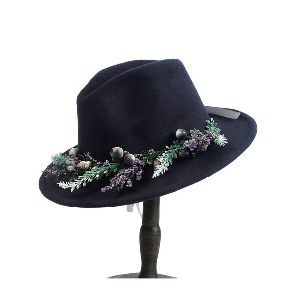 

100% wool women wide brim fedora hat with fashion flower for elegant lady outback jazz fascinator hat 2size 56-60, Blue;gray