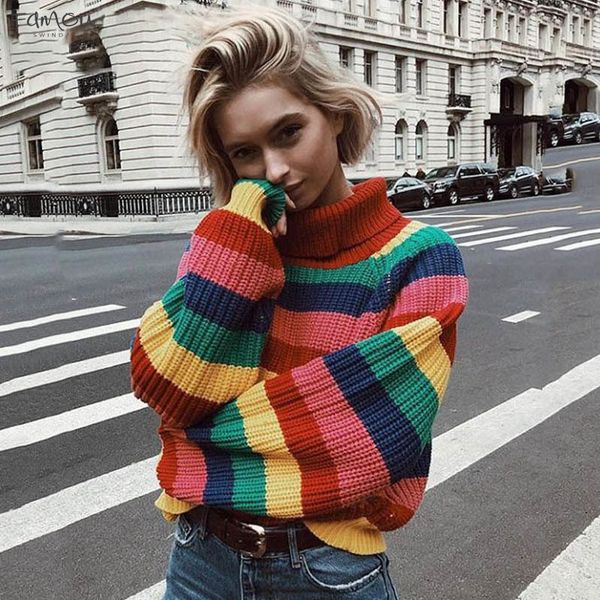 

Turtleneck Women Striped Winter Jumpers Knitted Clothes Fashion Sweaters Oversized Pullover Sale Female Sweaters Good Quality