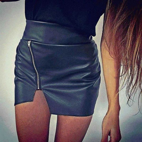 

women bodycon skirt hight quality pu leather skirt mini short side split zip black club saias faldas