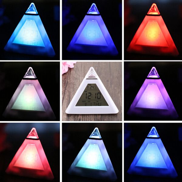 

alarm clocks pyramid temperature 7 colors led change backlight led moon alarm clock despertador digital student small clock #r15